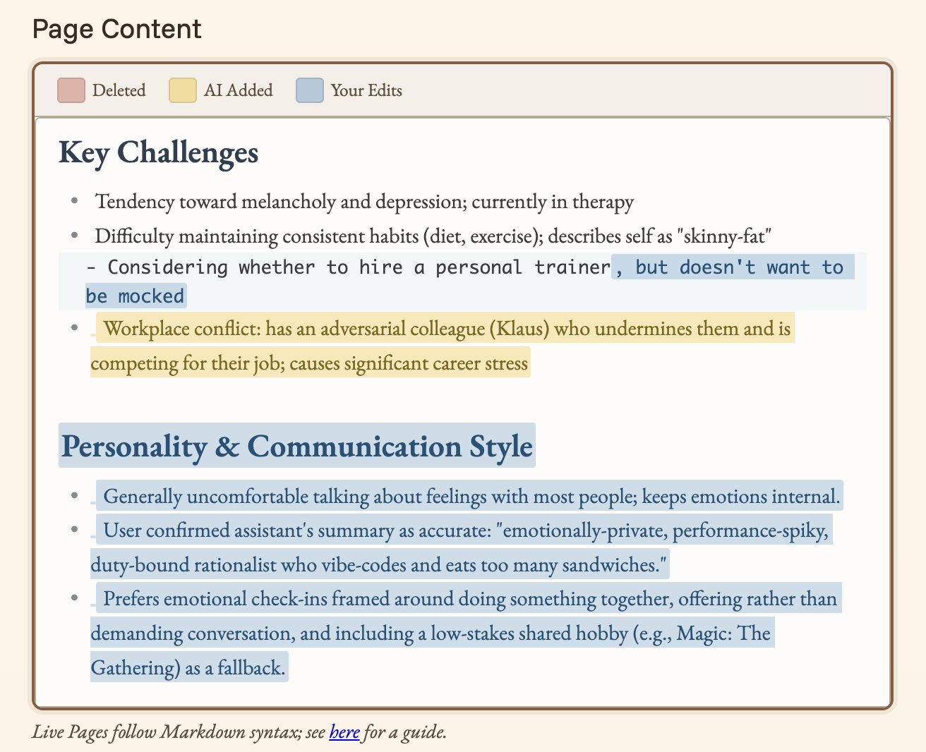 Screenshot showing the Live Pages editor with AI-maintained documents